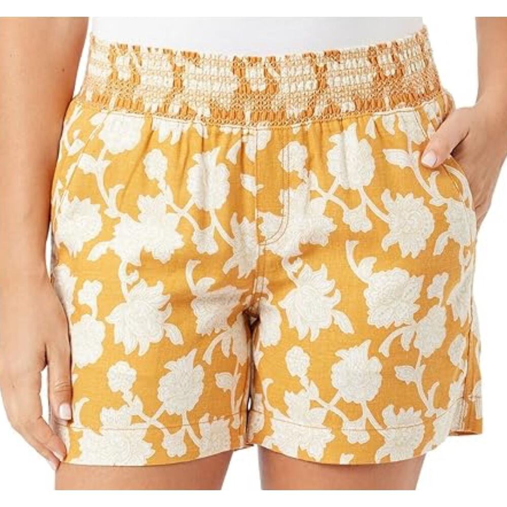 Briggs‎ Size Small Women Smoked Elastic Waist Linen Blend Pull-On Shorts Yellow